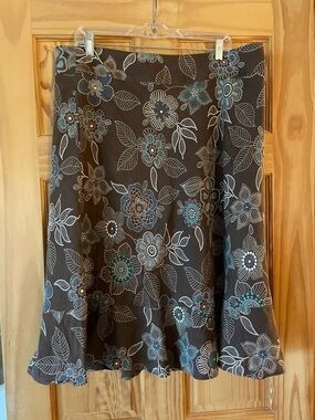 East 5th Brown A-Line Skirt with Blue and Cream Floral Print